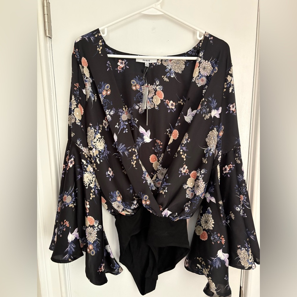 Ro & De NWT- XS-  black satin bodysuit/shirt